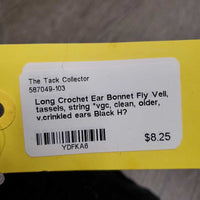 Long Crochet Ear Bonnet Fly Veil, tassels, string *vgc, clean, older, v.crinkled ears
