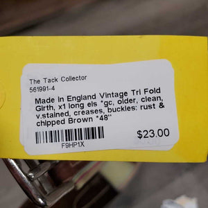 Vintage Tri Fold Girth, x1 long els *gc, older, clean, v.stained, creases, buckles: rust & chipped