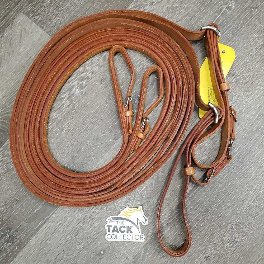 Adjustable Flat Soft Thick Double Stitched Leather Carriage Driving Lines - Reins, buckle & loop ends, connector strap *new, older