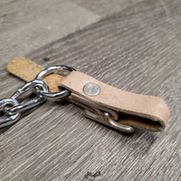 Chain Chin Curb Strap, 1 leather strap *vgc, MISSING 1 strap, clean, dented, stiff, rust, film, older
