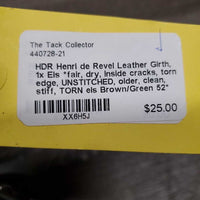 Leather Girth, 1x Els *fair, dry, inside cracks, torn edge, UNSTITCHED, older, clean, stiff, TORN els
