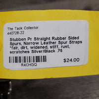 Pr Straight Rubber Sided Spurs, Narrow Leather Spur Straps *fair, dirt, widened, stiff, rust, scratches