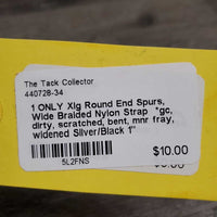 1 ONLY Xlg Round End Spurs, Wide Braided Nylon Strap *gc, dirty, scratched, bent, mnr fray, widened