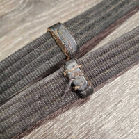 Hvy Wide Cotton Web Reins, buckles *gc/fair, dirty, rubs, frays, film, curled/rough keepers
