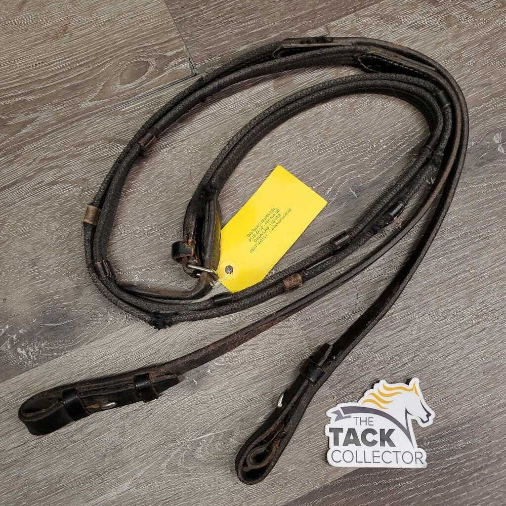 Cotton Web Reins *fair, broken keeper, chewed, frays, scrapes, faded, dirt, stains, v.stiff & dry