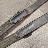 Cotton Web Reins *fair, broken keeper, chewed, frays, scrapes, faded, dirt, stains, v.stiff & dry