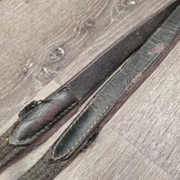 Cotton Web Reins *fair, broken keeper, chewed, frays, scrapes, faded, dirt, stains, v.stiff & dry
