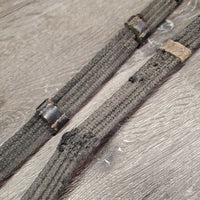 Cotton Web Reins *fair, broken keeper, chewed, frays, scrapes, faded, dirt, stains, v.stiff & dry