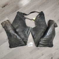 Full Suede Chaps, zips *fair, dirty, older, v.stiff & curled bottom, rubs, discolored