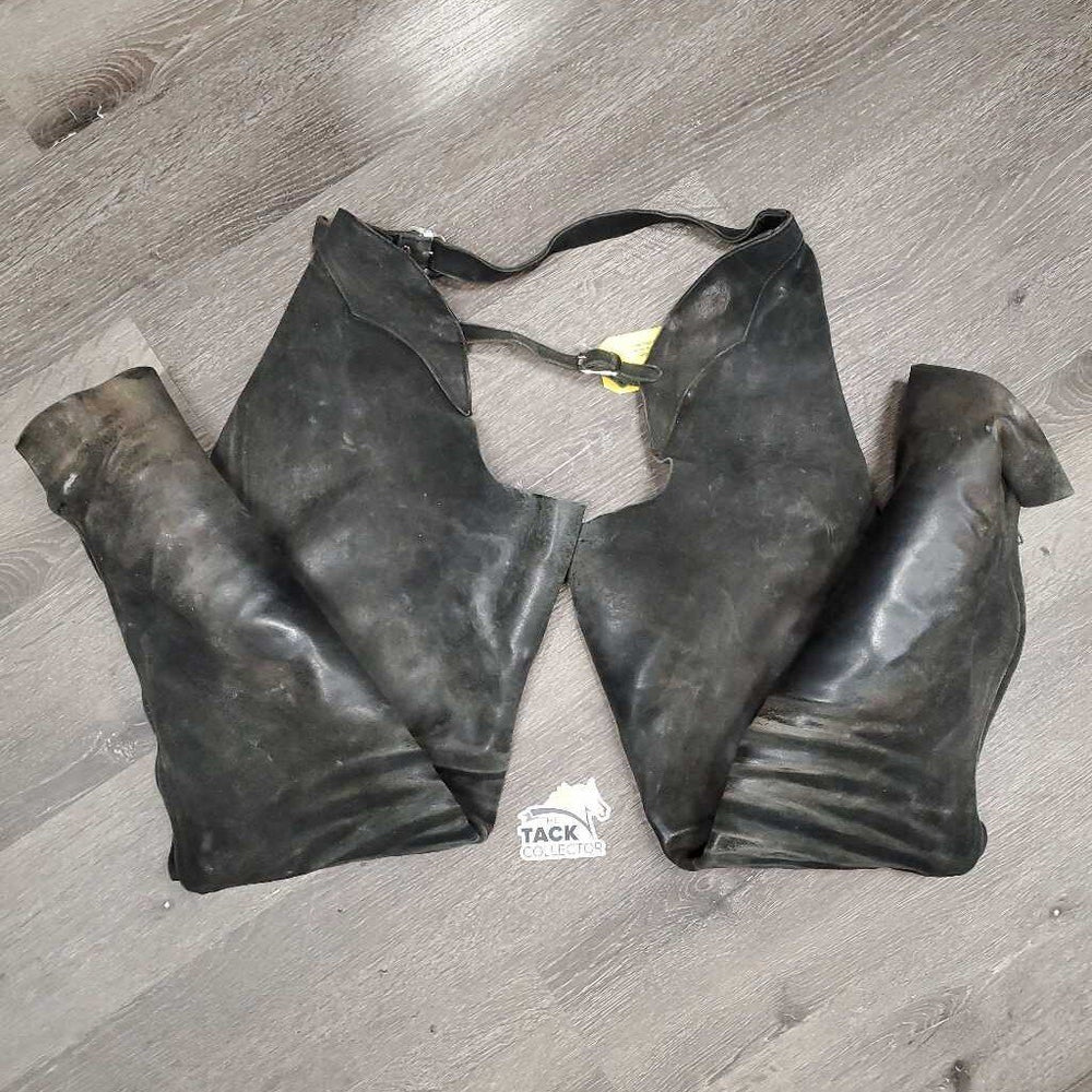 Full Suede Chaps, zips *fair, dirty, older, v.stiff & curled bottom, rubs, discolored