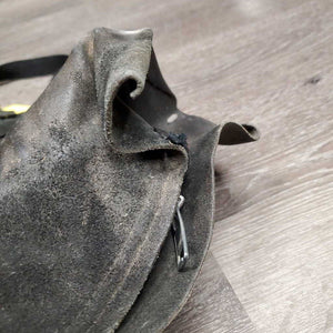 Full Suede Chaps, zips *fair, dirty, older, v.stiff & curled bottom, rubs, discolored