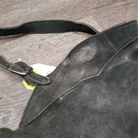 Full Suede Chaps, zips *fair, dirty, older, v.stiff & curled bottom, rubs, discolored