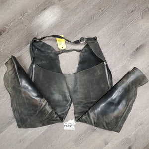 Full Suede Chaps, zips *fair, dirty, older, v.stiff & curled bottom, rubs, discolored