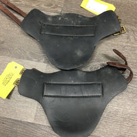 Leather Hind Boots, buckles, neoprene velcro liners *gc, dirt, stiff, dry, scrapes?chewed edges, rubs, older
