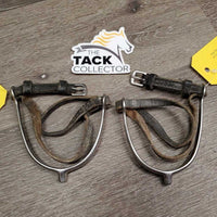 Pr POW Spurs, Leather Spur Straps *gc/fair, widened, dirt, straps: sliced, dirty, cracks & cut ends
