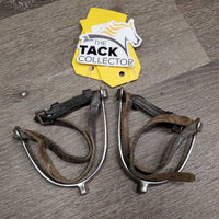 Pr POW Spurs, Leather Spur Straps *gc/fair, widened, dirt, straps: sliced, dirty, cracks & cut ends