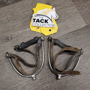 Pr POW Spurs, Leather Spur Straps *gc/fair, widened, dirt, straps: sliced, dirty, cracks & cut ends