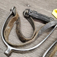 Pr POW Spurs, Leather Spur Straps *gc/fair, widened, dirt, straps: sliced, dirty, cracks & cut ends