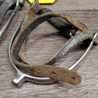 Pr POW Spurs, Leather Spur Straps *gc/fair, widened, dirt, straps: sliced, dirty, cracks & cut ends