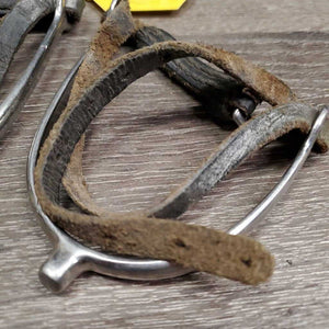 Pr POW Spurs, Leather Spur Straps *gc/fair, widened, dirt, straps: sliced, dirty, cracks & cut ends