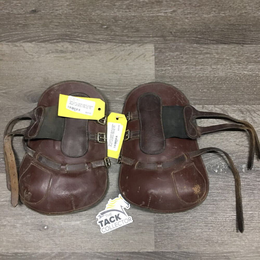 Open Front Leather Boots, buckles *gc, stiff, scrapes, older, mnr dirt, xholes, rubs, mnr stretched elastic