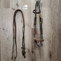 Rsd Rolled Bridle, Rubber Reins *gc/fair, NO Flash, older, rubs, scraped edges, splits, mismatched, tight keepers, dry, faded