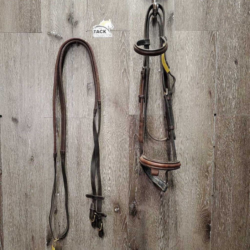 Rsd Rolled Bridle, Rubber Reins *gc/fair, NO Flash, older, rubs, scraped edges, splits, mismatched, tight keepers, dry, faded