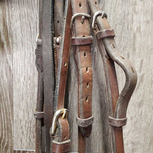 Rsd Rolled Bridle, Rubber Reins *gc/fair, NO Flash, older, rubs, scraped edges, splits, mismatched, tight keepers, dry, faded