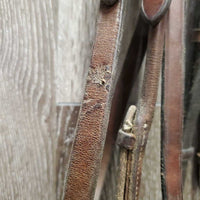 Rsd Rolled Bridle, Rubber Reins *gc/fair, NO Flash, older, rubs, scraped edges, splits, mismatched, tight keepers, dry, faded
