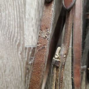 Rsd Rolled Bridle, Rubber Reins *gc/fair, NO Flash, older, rubs, scraped edges, splits, mismatched, tight keepers, dry, faded