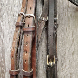 Rsd Rolled Bridle, Rubber Reins *gc/fair, NO Flash, older, rubs, scraped edges, splits, mismatched, tight keepers, dry, faded
