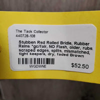 Rsd Rolled Bridle, Rubber Reins *gc/fair, NO Flash, older, rubs, scraped edges, splits, mismatched, tight keepers, dry, faded

