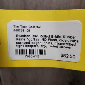 Rsd Rolled Bridle, Rubber Reins *gc/fair, NO Flash, older, rubs, scraped edges, splits, mismatched, tight keepers, dry, faded