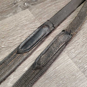 Cotton Web Reins, finger stoppers *gc, loose hook, rubs, mnr dirt/dust, threads, scraped edges, faded