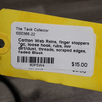 Cotton Web Reins, finger stoppers *gc, loose hook, rubs, mnr dirt/dust, threads, scraped edges, faded