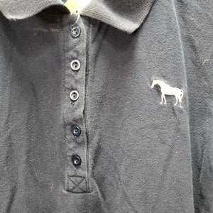 SS Polo Shirt, 1/4 button up *gc/fair, wrinkled, hair, faded, curled colar, edge rubs, stains
