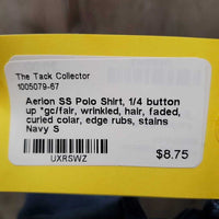 SS Polo Shirt, 1/4 button up *gc/fair, wrinkled, hair, faded, curled colar, edge rubs, stains