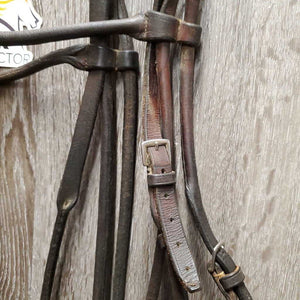 Rolled Leather Bridle *gc, older, trimmed end, clean, creased/cracks, loose keepers, rust, rust