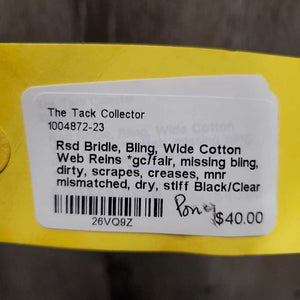 Rsd Bridle, Bling, Wide Cotton Web Reins *gc/fair, missing bling, dirty, scrapes, creases, mnr mismatched, dry, stiff