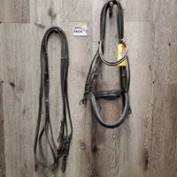 Rsd/Padded Monocrown Double Dressage Bridle, Plain & Curb Reins, Bling *fair/gc, dirty, broken end, mismatched