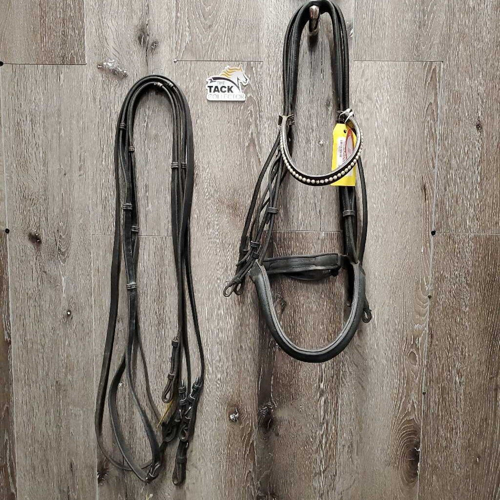 Rsd/Padded Monocrown Double Dressage Bridle, Plain & Curb Reins, Bling *fair/gc, dirty, broken end, mismatched