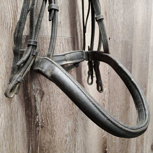 Rsd/Padded Monocrown Double Dressage Bridle, Plain & Curb Reins, Bling *fair/gc, dirty, broken end, mismatched