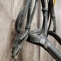 Rsd/Padded Monocrown Double Dressage Bridle, Plain & Curb Reins, Bling *fair/gc, dirty, broken end, mismatched
