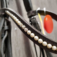 Rsd/Padded Monocrown Double Dressage Bridle, Plain & Curb Reins, Bling *fair/gc, dirty, broken end, mismatched
