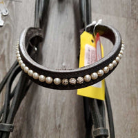 Rsd/Padded Monocrown Double Dressage Bridle, Plain & Curb Reins, Bling *fair/gc, dirty, broken end, mismatched
