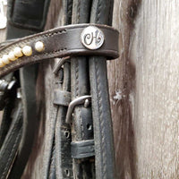 Rsd/Padded Monocrown Double Dressage Bridle, Plain & Curb Reins, Bling *fair/gc, dirty, broken end, mismatched
