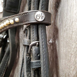Rsd/Padded Monocrown Double Dressage Bridle, Plain & Curb Reins, Bling *fair/gc, dirty, broken end, mismatched
