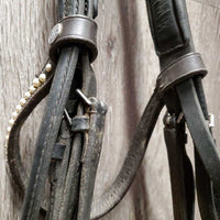 Rsd/Padded Monocrown Double Dressage Bridle, Plain & Curb Reins, Bling *fair/gc, dirty, broken end, mismatched
