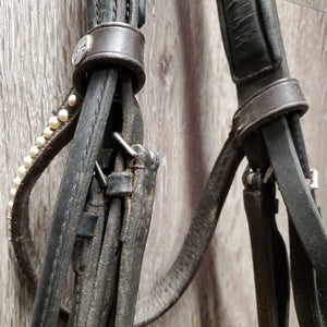 Rsd/Padded Monocrown Double Dressage Bridle, Plain & Curb Reins, Bling *fair/gc, dirty, broken end, mismatched