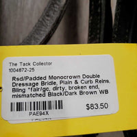 Rsd/Padded Monocrown Double Dressage Bridle, Plain & Curb Reins, Bling *fair/gc, dirty, broken end, mismatched
